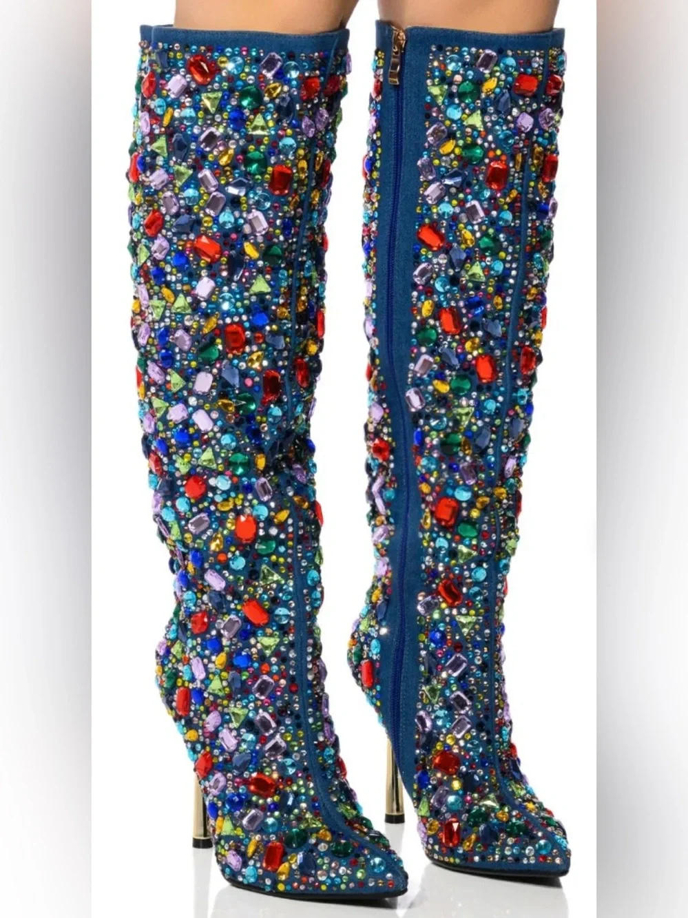 Azalea Wang Multicolor Rhinestone denim knee high boots gold stiletto size 10